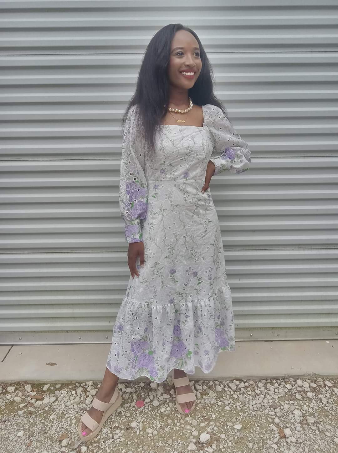 Purple & White Lace Long-Sleeve Dress