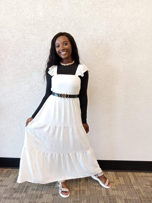 White Dress with Ruffled Short-Sleeves